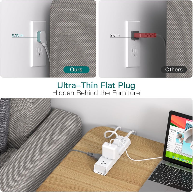 Addtam 2 Pack Surge Protector Power Strip - Flat Plug Extension Cord, 12 Outlet Extender 3 Sides with Overload Protection, 5ft, 1050J, Wall Mount Multi Plug Adapter for Home Office College Dorm Essentials - Image 3